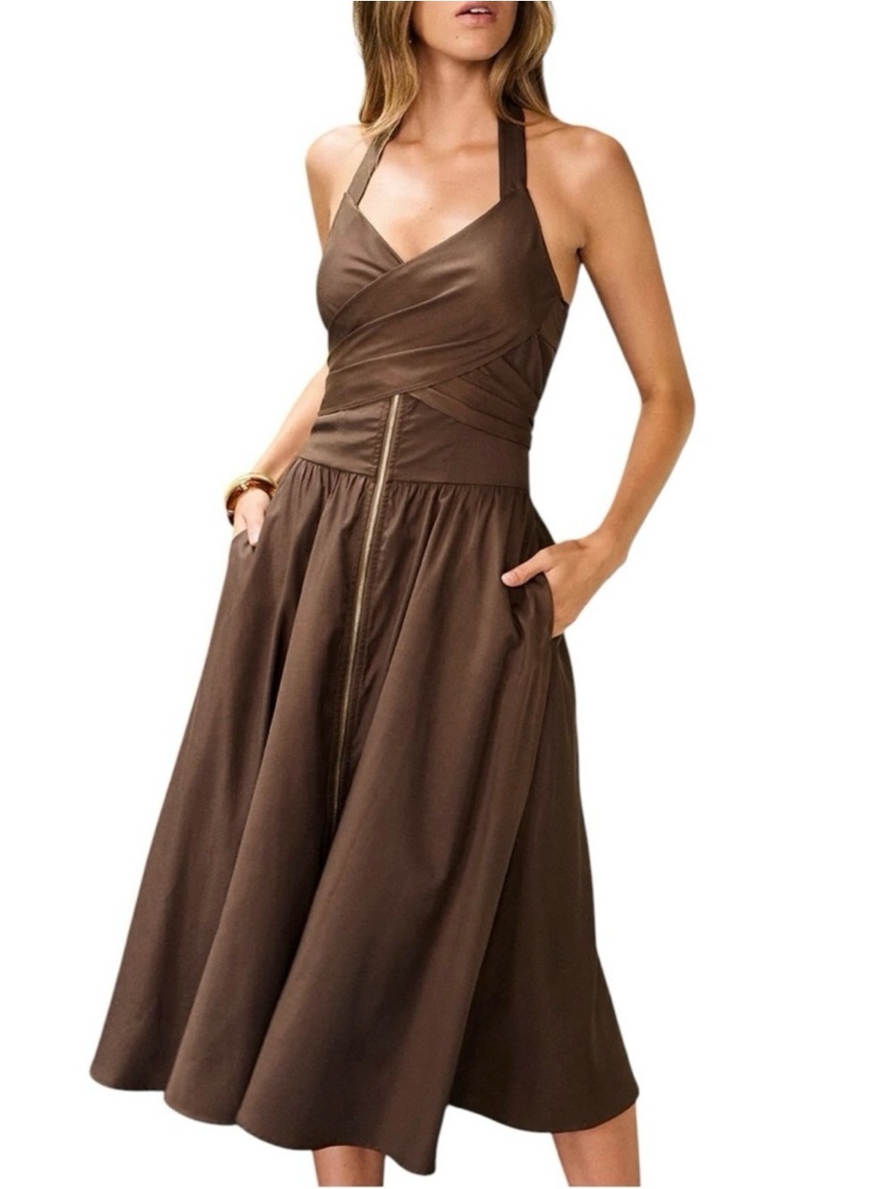 Commense Brown Midi Halter Dress